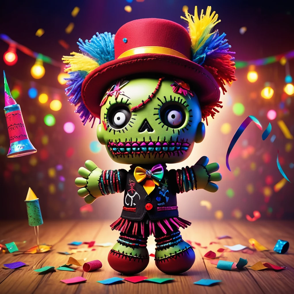 (knitted toy voodoo doll:1.7), (Voodoo at Party:1.3), (Clothing: trendy outfit with flashy accessories, stylish hat:1.0), (Accessories: drink in hand, party horn, confetti:1.2), (background: lively party scene with dancing people, colorful lights, and music equipment:1.2),  best quality, masterpiece, detailed soft oil painting, detailed background, dramatic cinematic lighting, soft edge lighting, professional, dramatic lighting, hard edge lighting, ultra quality, 4k,masterpiece, best quality, 8k, ultra highres, highres, extremely detailed