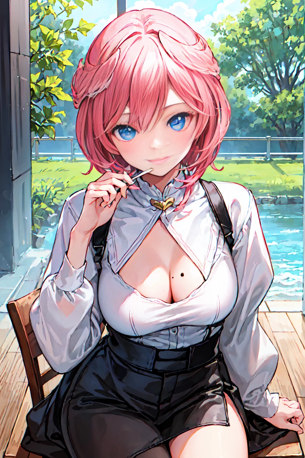 (Pretty Girl:1.3)、(Daytime:1.5)、(Large Breasts:1.4)、Live Shooting, Highest quality, High resolution, (masterpiece), (Realistic:1.4), (Mole under the eye), Sharp focus,8K resolution, Intricate details, Depth of written border, Highly detailed CG Unity 8k wallpaper, Front light, woman,Age 25、 smile,See-through、(Medium pink hair)、(Description of the whole body)、Winter atmosphere、There is a cute plate of shortcake on the table..、Sit on a chair and eat cake on the desk、Fork in right hand、Sweets Time