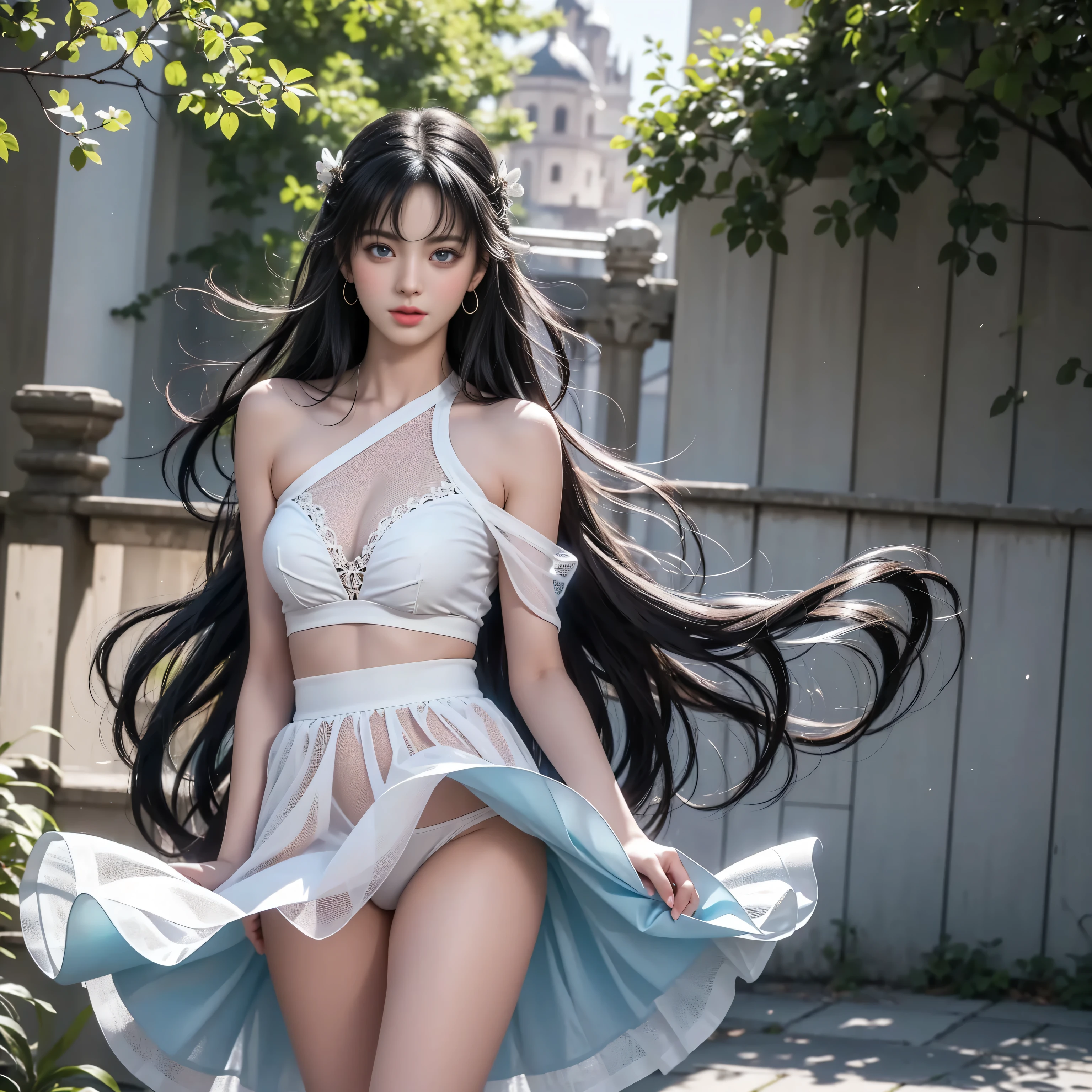 ((Girl standing in front of the wall of an old castle))、Fluorescent color、1 Girl、Look to the side、Beautiful Face、Beautiful Eyes、（Off the shoulder：1.2）、Upper Body、Shiny Hair、Glowing Skin、 Reduce glare、Adjusted finger proportions、escrow、ass pov、Dynamic Angle、(((Master Parts)))、(((Highest quality)))、(((Super-detailed))) detailed）、（An illustration）、（Detailed light）、（Very delicate and beautiful）、dramatic_Shadow、Ray_Tracking、reflection、 Ultra-high resolution、((Colorful and black hair mesh girls))、 Her hair flutters in the wind、(big deep blue eyes)、Black-haired woman、 Sparkling butterfly、Black-haired woman、Points of light around the woman、Magical Aura、Green dot、About Auras Nature、超Magical AuraBlack-haired woman,((Off the shoulder semi-transparent white dress:1.3))、(Sleeveless)、((My skirt is flying up in the wind)),((An old European castle looms in the distance)),((White panties are visible)),