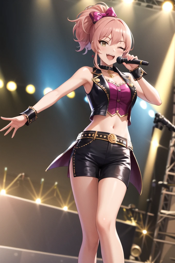 masterpiece, best quality, highres, ponytail, hair bow, idol clothes, choker, vest, wrist cuffs, midriff, shorts, hair ornament, standing, cowboy shot, singing, stage, holding microphone, smile, open mouth, waving, one eye closed, pink hair