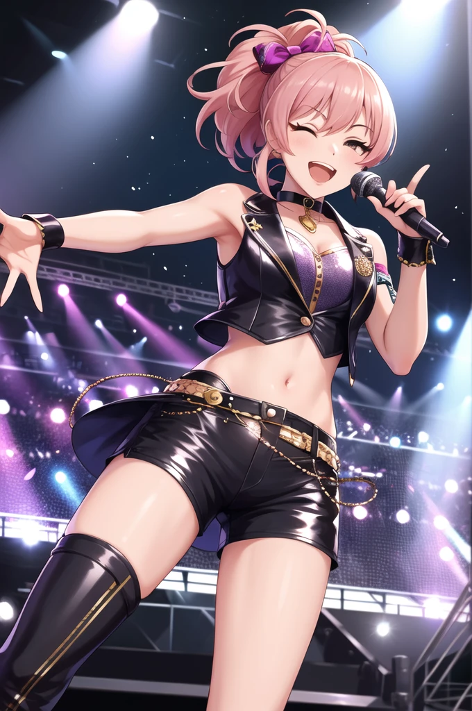 masterpiece, best quality, highres, ponytail, hair bow, idol clothes, choker, vest, wrist cuffs, midriff, shorts, hair ornament, standing, cowboy shot, singing, stage, holding microphone, smile, open mouth, waving, one eye closed, pink hair