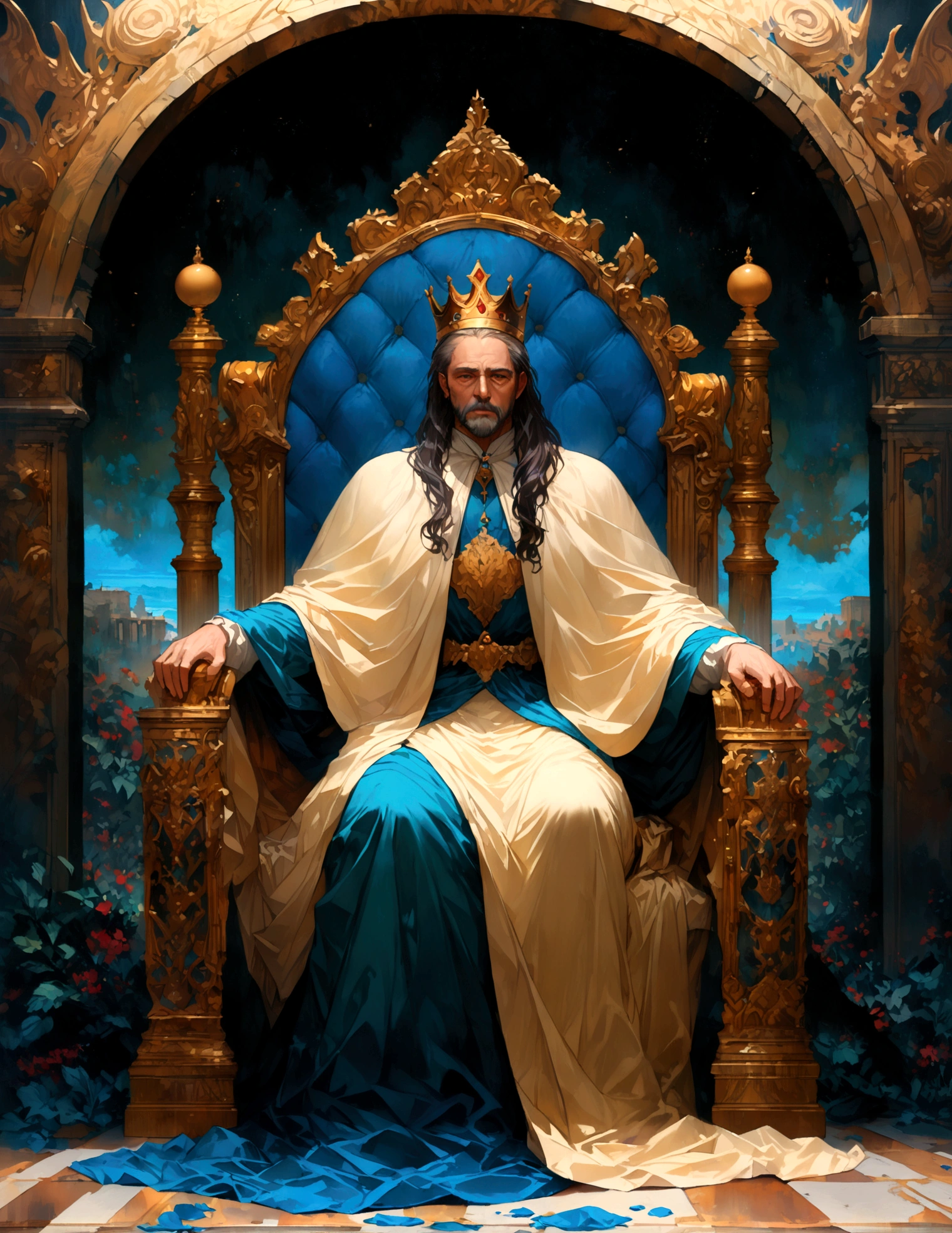 Throne room scenery,oil painting style,king sitting on the throne,Subjects prostrating,Subject's clothing details,There is a distance between the king's throne and his subjects.,BREAK,(The king is a middle-aged man,A king with absolute power who looks down on his subjects,He wears clothes and a cloak befitting a king.,the king wears a crown,He is a king with a cruel personality.,anatomically correct),BREAK,A painting depicting an era in history,paint with oil paint,structurally correct,create an artistic background,decadent,dark fantasy,awe,feeling of pressure,(masterpiece:1.3),(highest quality:1.4),(ultra detailed:1.5),High resolution,extremely detailed,unity 8k wallpaper