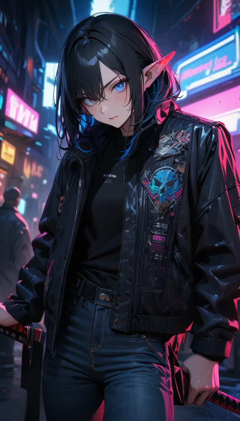 Adult guy, long black hair, blue eyes, elf ears, cyberpunk black jacket, jeans, samurai sword, Masterpiece, best quality, Full HD, 8k, ultra details, great graphic