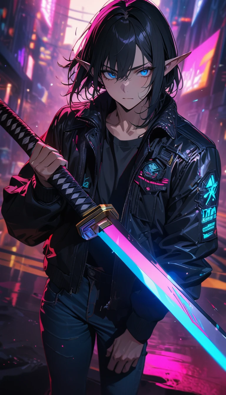 Adult guy, long black hair, blue eyes, elf ears, cyberpunk black jacket, jeans, samurai sword, Masterpiece, best quality, Full HD, 8k, ultra details, great graphic