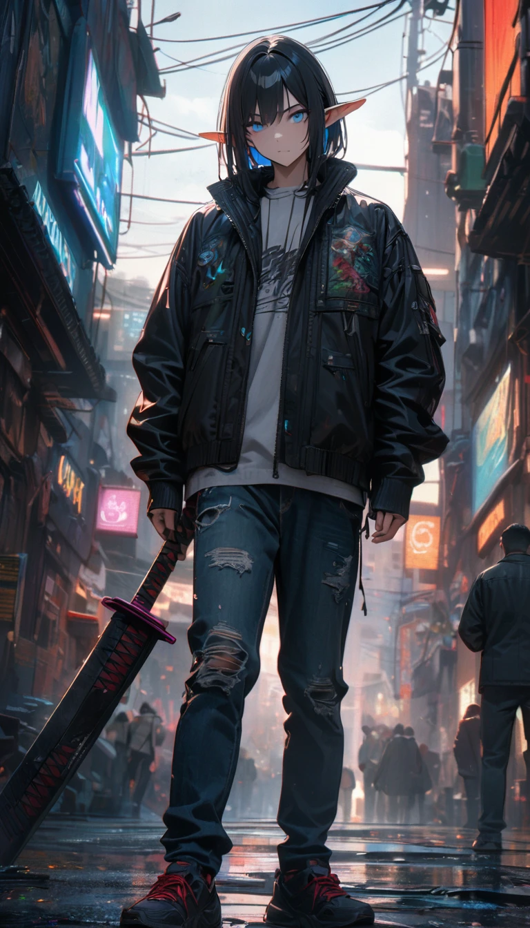 Adult guy, long black hair, blue eyes, elf ears, cyberpunk black jacket, jeans, samurai sword, Masterpiece, best quality, Full HD, 8k, ultra details, great graphic
