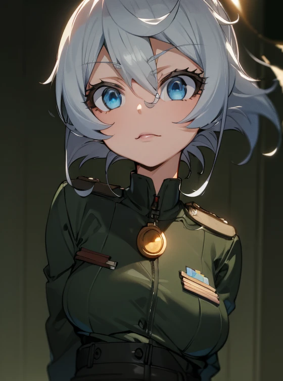 8K Ultra High-Quality) (Masterpieces) (figure: KIRUKO) 1 Girl, solo, long hair, wearing US Army Uniform from Vietnam war era, wearing US Army helmet from Vietnam war, carrying US Army bag, holding M16A1 Colt firearm, laughing looking at viewer.