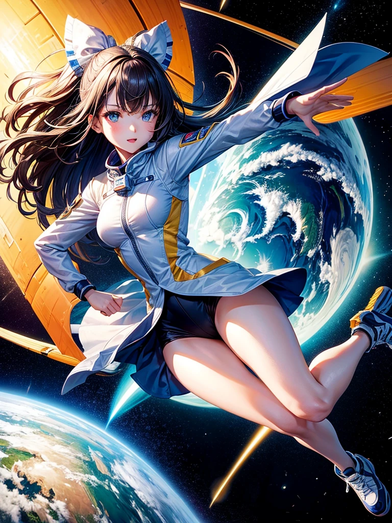 Highest quality,Highest Resolution,A beautiful girl from the future flying in space,Earth in the background,Milky Way,