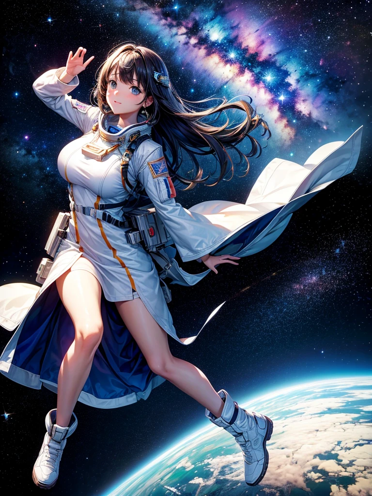 Highest quality,Highest Resolution,A beautiful girl from the future flying in space,Earth in the background,Milky Way,