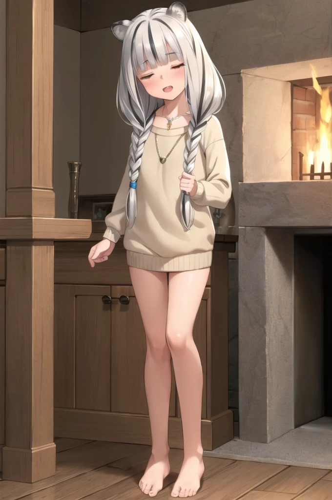 ((masterpiece)), (best quality), (ultra-detailed), photorealistic, (best illustration), ((an extremely delicate and beautiful)), 1girl, solo, long hair, tiger ears, white hair, two-tone hair, facing viewer, sweater, ribbed sweater, barefoot, one leg standing, split, holding one leg, closed eyes, short sleeves, indoors, low twin braids, twin braids, hair ornament, blush, head tilt, fireplace, fire, upper teeth, flat chest, young, aged down, happy, collarbone, necklace,
