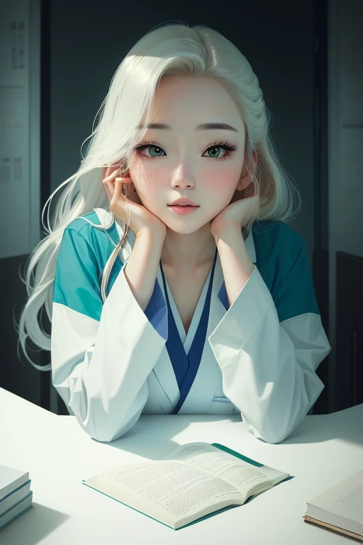 masterpiece, best quality, 1girl, (resting chin in hands), hospital bed, Beautiful Japanese female doctor wearing white labcoat over teal scrubs,beautiful detailed face, pale skin, realistic skin, detailed cloth texture, detailed hair texture, accurate, Anatomically correct, Highly detailed face and skin texture , looking at viewer