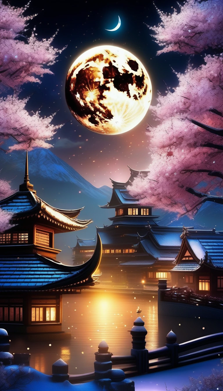 Night view, Dark fantasy cityscape, Crescent Moon, Creates an epic dark fantasy atmosphere, confuse the light of truth, The brilliance of countless star fragments, justice and stupidity, At a blinking distance, Fragments of the disappeared star are scattered, Light and Dark, Nightmare Wolf, Elegant in any atmosphere, fusion of spring and winter, Cherry blossom snowstorm with freezing movements, golden ratio harmony,