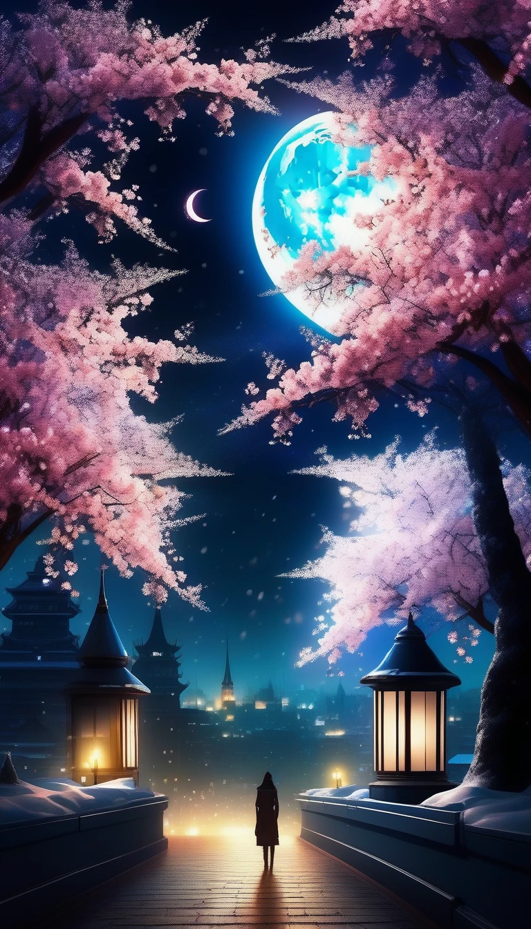 Night view, Dark fantasy cityscape, Crescent Moon, Creates an epic dark fantasy atmosphere, confuse the light of truth, The brilliance of countless star fragments, justice and stupidity, At a blinking distance, Fragments of the disappeared star are scattered, Light and Dark, Nightmare Wolf, Elegant in any atmosphere, fusion of spring and winter, Cherry blossom snowstorm with freezing movements, golden ratio harmony,