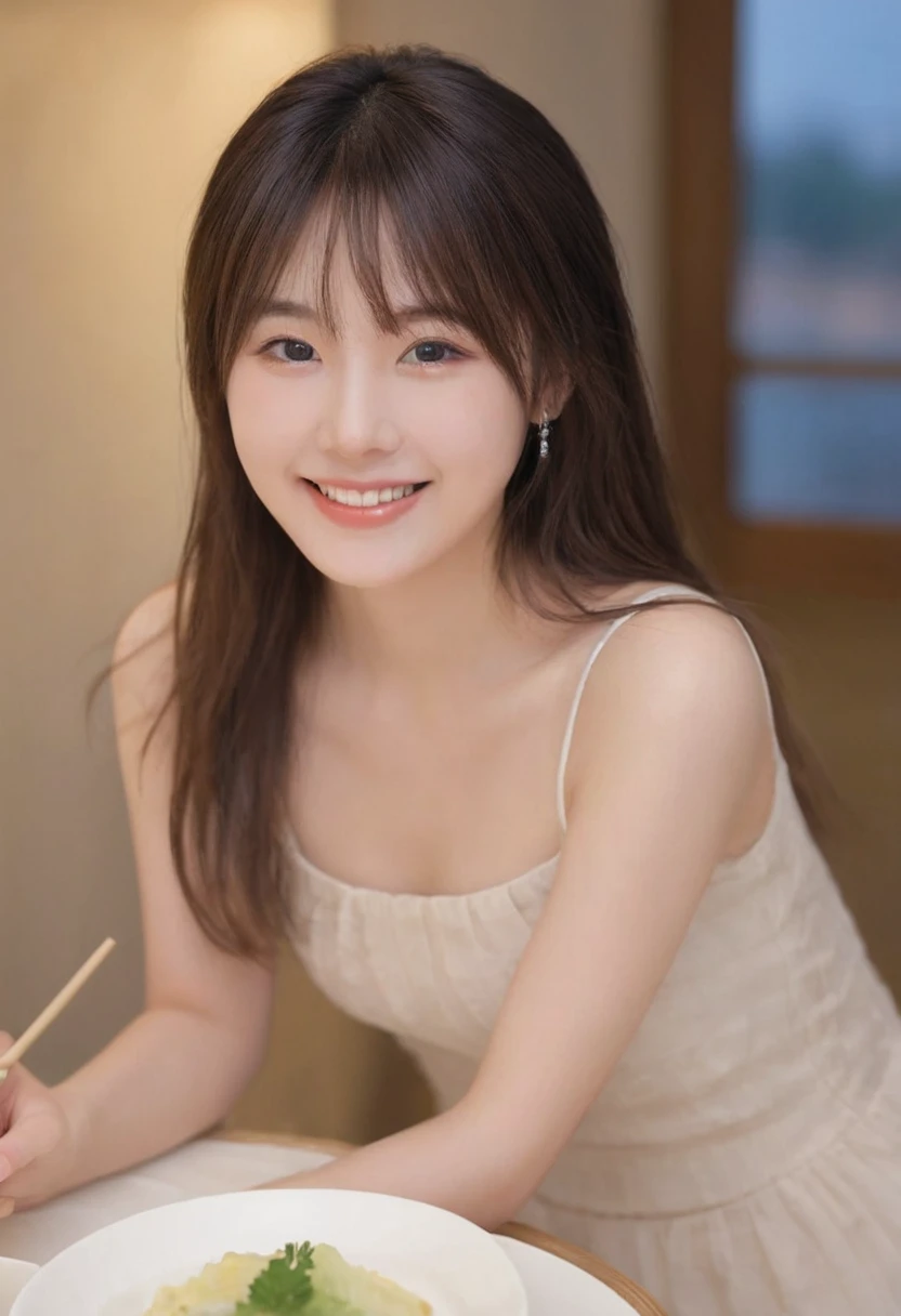 (Highest quality,8K quality,masterpiece:1.3),(Ultra-high resolution,Realistic:1.4,Live Shooting),(Very detailed,Caustics),(Ultra-Realistic Capture,(((dinner))),Beautiful and detailed skin),19 years old,Beautiful Japanese, Medium Hair, Asymmetrical bangs, Brown Hair, I'm looking at the camera with a smile on my face,Soft Light,A ray of light shining from above,Natural light，((Cocktail Dresses))，(((One female))),Night view,French cuisine