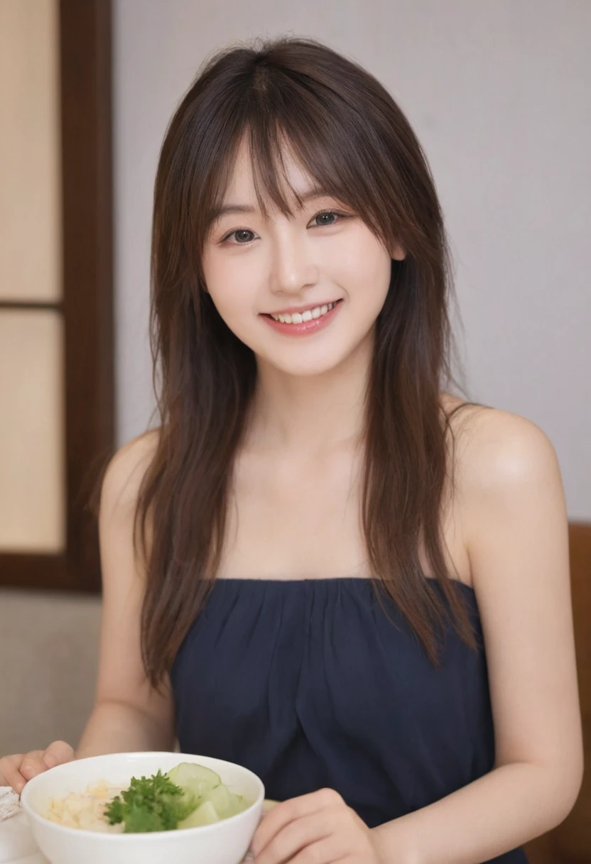 (Highest quality,8K quality,masterpiece:1.3),(Ultra-high resolution,Realistic:1.4,Live Shooting),(Very detailed,Caustics),(Ultra-Realistic Capture,(((dinner))),Beautiful and detailed skin),19 years old,Beautiful Japanese, Medium Hair, Asymmetrical bangs, Brown Hair, I'm looking at the camera with a smile on my face,Soft Light,A ray of light shining from above,Natural light，((Cocktail Dresses))，(((One female))),Night view,French cuisine