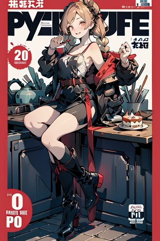 (small breasts:1.2), (perky chest:1.2), (pointed chest:1.2), (Pudding cake magazine cover:1.3),(from above:1.0),(shoot from the side:1.1),masterpiece, 1girl, Amazing Cleavage:1.1, thin waist, optimum,tmasterpiece,hight resolution,best qualtiy,hyper HD,super detailing,awardwinning,a 18yo cute girl,(The upper part of the body),anatomy correct,Beautiful Black miniskirt,garters,Gaze,Small face,bangss,holster,Beautuful Women,hands up,leg holster,Gaze,black boots,Cowboy Shot,cute face,a blond,Longhaire,Twin-tailed,Braids, Hairline,(scarlet eyes),long eyelasher,Hanging eye corners,White skin of the, ((see through camisole:1.1)), ((Sheer nipples:1.0)),Rocket Tits,(Slim body),smile,seductive weak smiling,(with sparkling eyes and a contagious smile),little open mouth, Looking at Viewer,