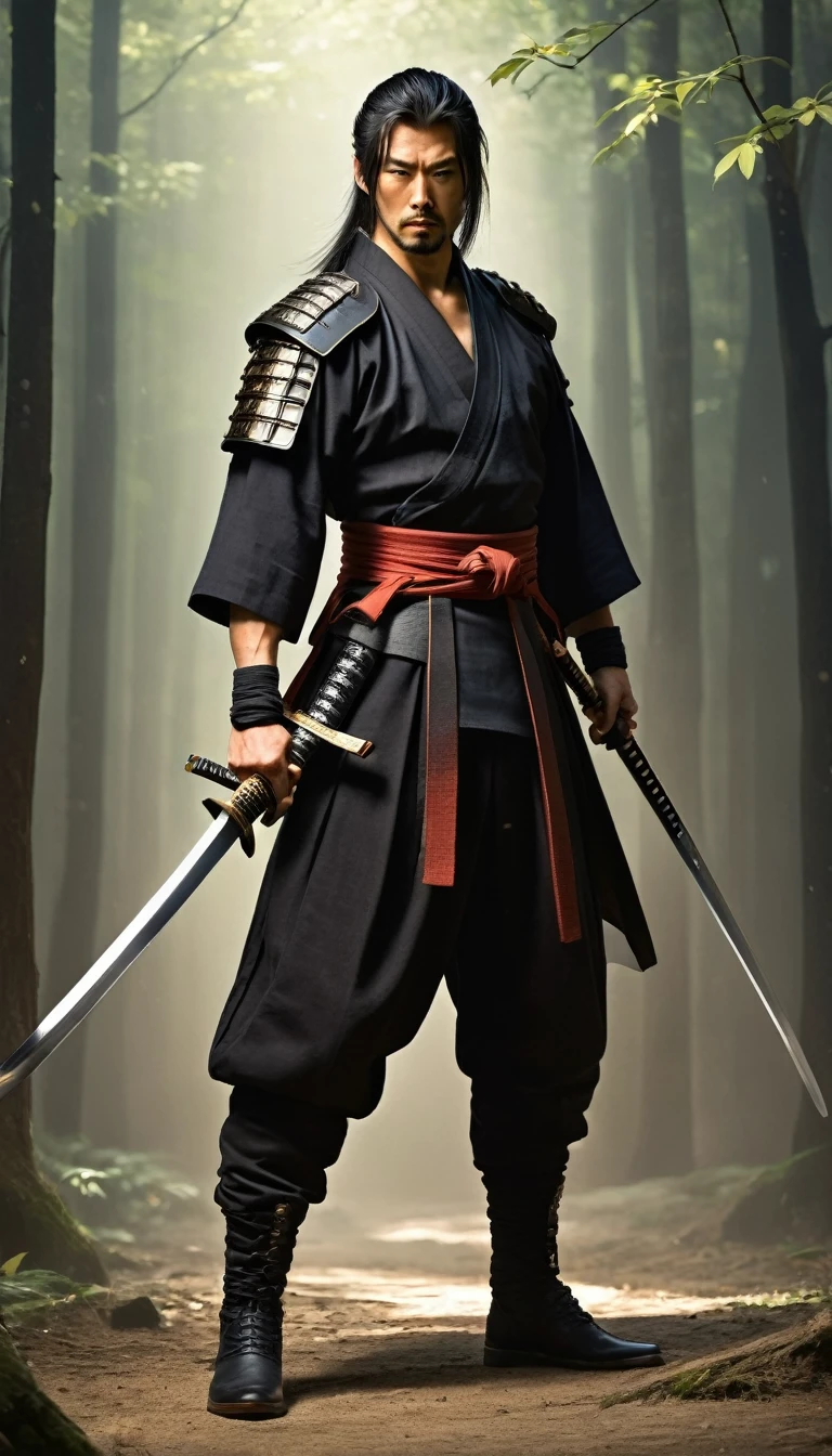 1male samurai warrior , (pulling Japanese sword from sheath on waist), (clothes, pants and shoes like a futuristic samurai), mature male, /(long black hair tied up/) bangs, cool expression, (serious look:0.5), dignified, (masterpiece best quality:1.2) delicate illustration ultra-detailed, medium chest BREAK (holding (katana sword:1.2)), (blade shimmering), (holding sword sheath) BREAK 