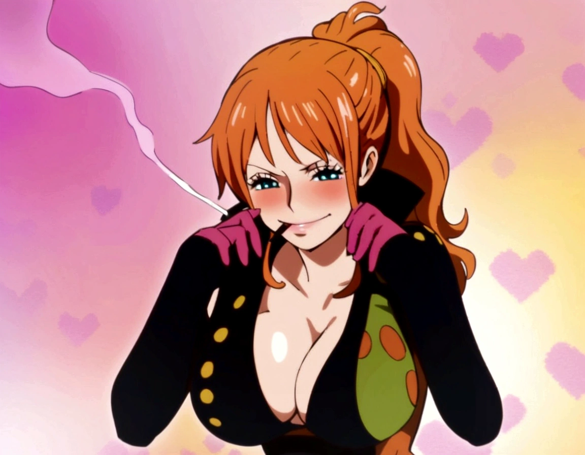 a cartoon picture of a woman in a bikini top and jeans, nami one piece, nami from one piece, nami, beautiful portrait of nami, from one piece, oppai, blue eyes, smoking, ponytail