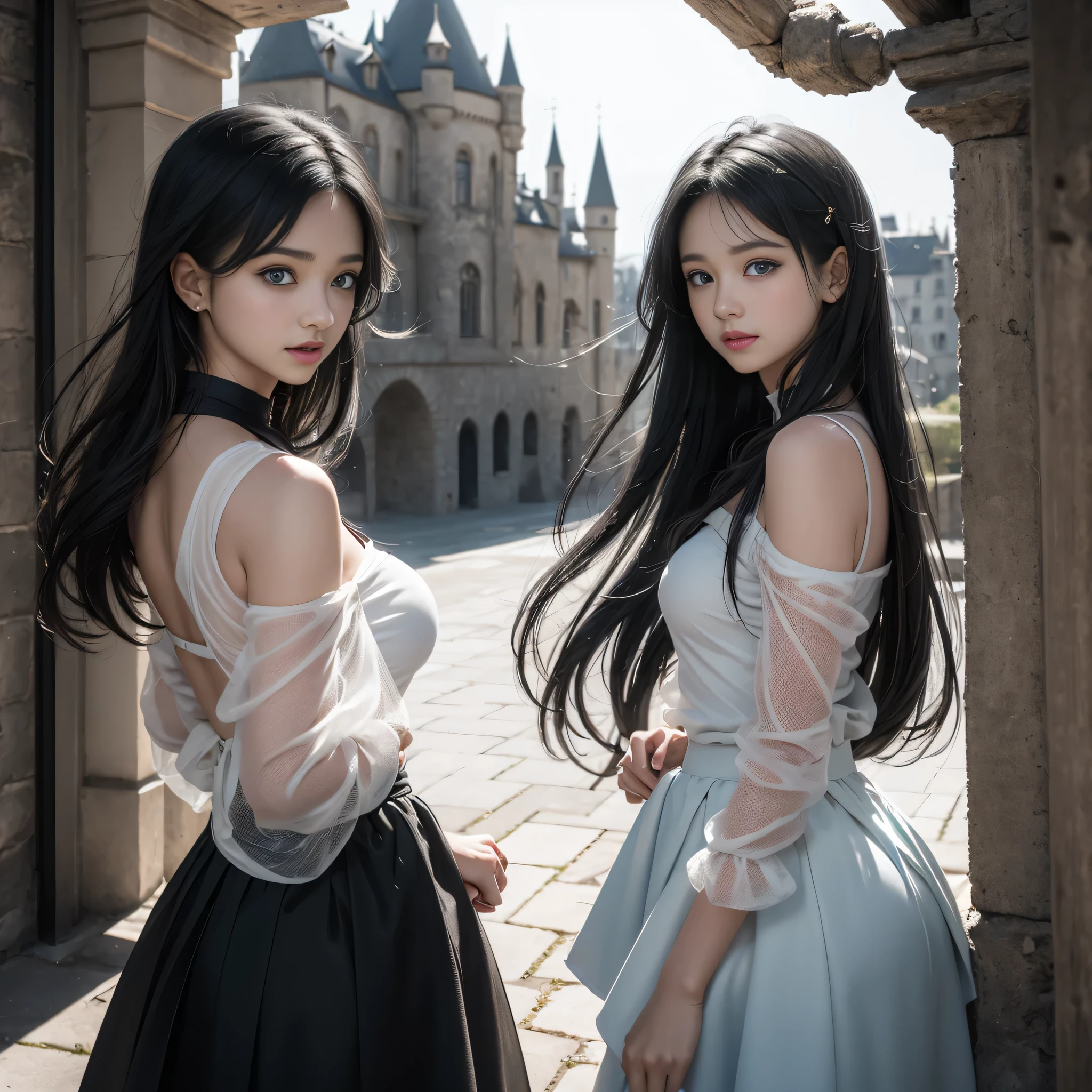two(Girl standing in front of the wall of an old castle))、Fluorescent color、1 Girl、Look to the side、Beautiful Face、Beautiful Eyes、（Off the shoulder：1.2）、Upper Body、Shiny Hair、Glowing Skin、 Reduce glare、Adjusted finger proportions、escrow、ass pov、Dynamic Angle、(((Master Parts)))、(((Highest quality)))、(((Super-detailed))) detailed）、（An illustration）、（Detailed light）、（Very delicate and beautiful）、dramatic_Shadow、Ray_Tracking、reflection、 Ultra-high resolution、((Colorful and black hair mesh girls))、 Her hair flutters in the wind、(big deep blue eyes)、Black-haired woman、 Sparkling butterfly、Black-haired woman、Points of light around the woman、Magical Aura、Green dot、About Auras Nature、超Magical AuraBlack-haired woman,((Off the shoulder semi-transparent white dress:1.3))、(Sleeveless)、((My skirt is flying up in the wind)),((An old European castle looms in the distance)),Heavy whirlwind pattern design clothing，Heterochromatic pupil，Silver Haired Girl，Free high resolution,Off the shoulder、Off the shoulder semi-transparent pure white dress