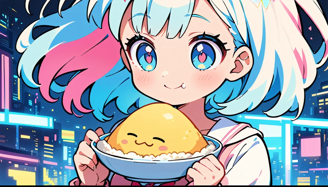 1 female, Light blue hair, short hair、Happy,cute, animation style, kawaii, clearly, colorful cyberpunk, bubblegum pop, cute、Pink and light blue as main colors、eating omelet rice、