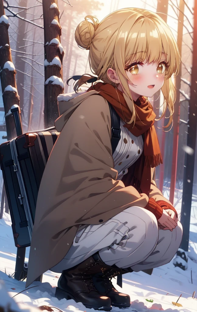 This is Mahirushiina, Mahiru Shiina, blonde, (Brown eyes:1.7), Long Hair, happy smile, smile, Open your mouth,Hair Bun, single Hair Bun,blush,White Breath,
Open your mouth,snow,Bonfire on the ground, Outdoor, boots, snowing, From the side, wood, suitcase, Cape, Blurred, Increase your meals, forest, White handbag, nature,  Squat, Mouth closed, フードed Cape, winter, Written boundary depth, Black shoes, red Cape break looking at viewer, Upper Body, whole body, break Outdoor, forest, nature, break (masterpiece:1.2), Highest quality, High resolution, unity 8k wallpaper, (shape:0.8), (Beautiful and beautiful eyes:1.6), Highly detailed face, Perfect lighting, Extremely detailed CG, (Perfect hands, Perfect Anatomy),