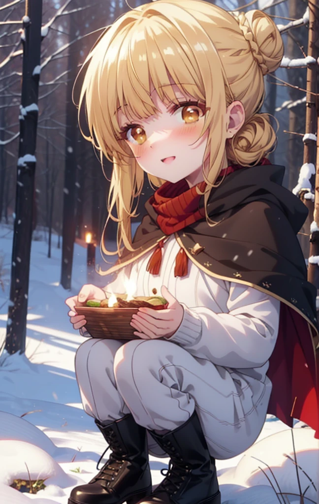 This is Mahirushiina, Mahiru Shiina, blonde, (Brown eyes:1.7), Long Hair, happy smile, smile, Open your mouth,Hair Bun, single Hair Bun,blush,White Breath,
Open your mouth,snow,Bonfire on the ground, Outdoor, boots, snowing, From the side, wood, suitcase, Cape, Blurred, Increase your meals, forest, White handbag, nature, Squat, Mouth closed, フードed Cape, winter, Written boundary depth, Black shoes, red Cape break looking at viewer, Upper Body, whole body, break Outdoor, forest, nature, break (masterpiece:1.2), Highest quality, High resolution, unity 8k wallpaper, (shape:0.8), (Beautiful and beautiful eyes:1.6), Highly detailed face, Perfect lighting, Extremely detailed CG, (Perfect hands, Perfect Anatomy),