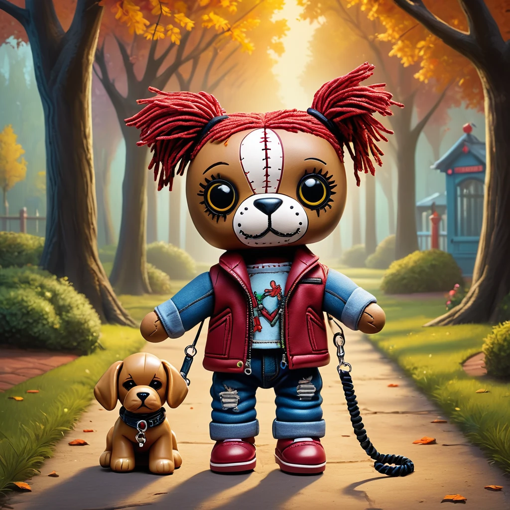 (knitted toy voodoo doll:1.7), (Voodoo Walking the Dog:1.3), (Clothing: outdoor jacket and jeans, comfortable shoes:1.0), (Accessories: leash with dog, pet toy, bag of dog treats:1.2), (background: park with trees and walking paths, other people with pets, and children playing:1.2),  best quality, masterpiece, detailed soft oil painting, detailed background, dramatic cinematic lighting, soft edge lighting, professional, dramatic lighting, hard edge lighting, ultra quality, 4k,masterpiece, best quality, 8k, ultra highres, highres, extremely detailed