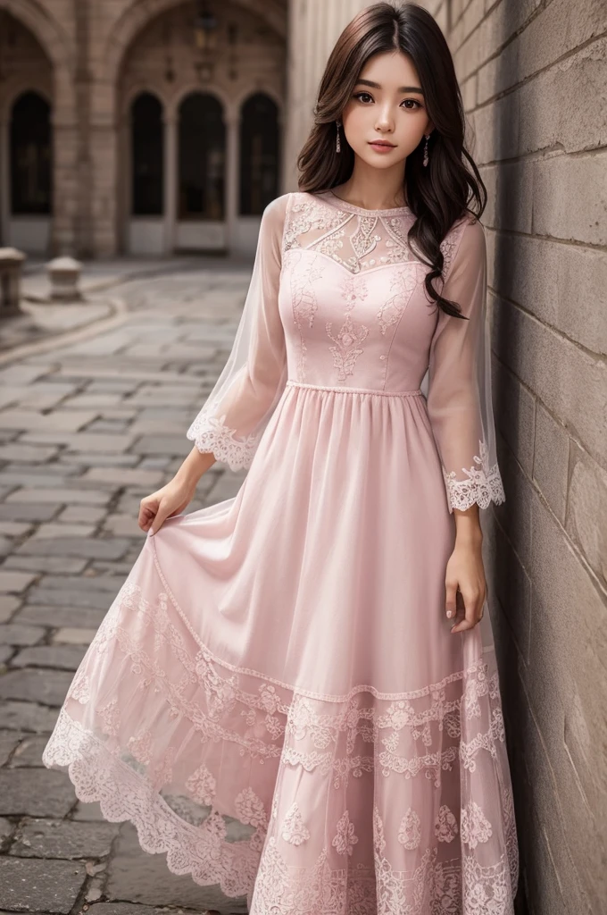 Create a long pink embroidered lace dress 