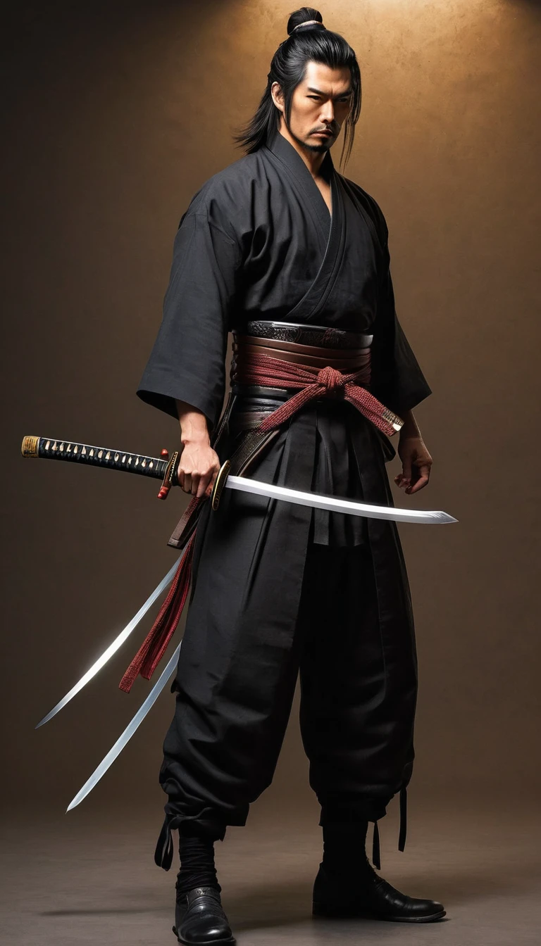 1male standing, (pulling Japanese sword from sheath on waist), (clothes, pants and shoes like a futuristic samurai), mature male, /(long black hair tied up/) bangs, cool expression, (serious look:0.5), dignified, (masterpiece best quality:1.2) delicate illustration ultra-detailed, medium chest BREAK (holding (katana sword:1.2)), (blade shimmering), (holding sword sheath) BREAK 