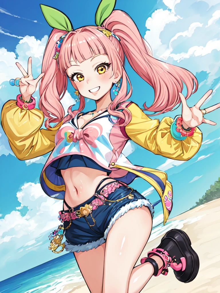 1girl, flashy gyaru, happy, showy,too many accessories, colorful ,  kogal, grin, 
 ponytail, pink hair