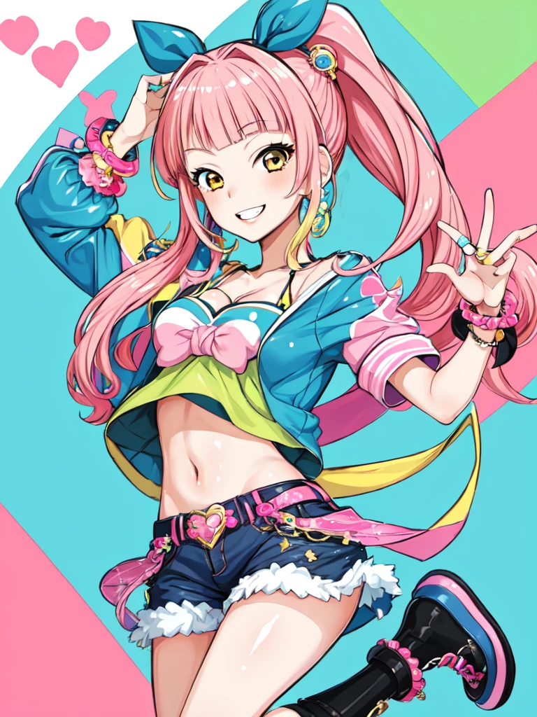 1girl, flashy gyaru, happy, showy,too many accessories, colorful ,  kogal, grin, 
 ponytail, pink hair