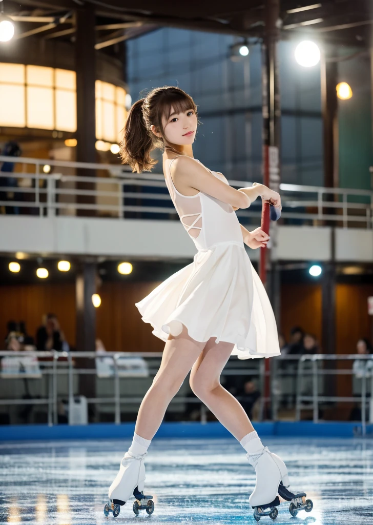 (Realistic, photo-Realistic:1.37),(8K, RAW Photos, Highest quality, masterpiece:1.2), cute, Ultra-detailed, 超High resolution, Kodak Vision Color, Filmed with an Arricam LT camera,Highest quality, Lively, 8K, High resolution, 1 girl, Escape, (Professional Lighting), (Portraiture:0.6), Brown Hair,21 years old、slender、Japanese、masterpiece, beautiful, elegant、(((masterpiece))), (((Highest quality))), (((Knee Ride))), ((グランドice skating展で踊る)),Standing on the skating rink、ice skating、indoor、On ice、 Photo-realistic quality、22-year-old Japanese idol performs figure skating routine in a white dress, beautifulJapaneseモデル,put on skates、 Wearing a white leotard,Looking into the camera、細かくてbeautiful目、cute笑顔、soft and gentle expression
