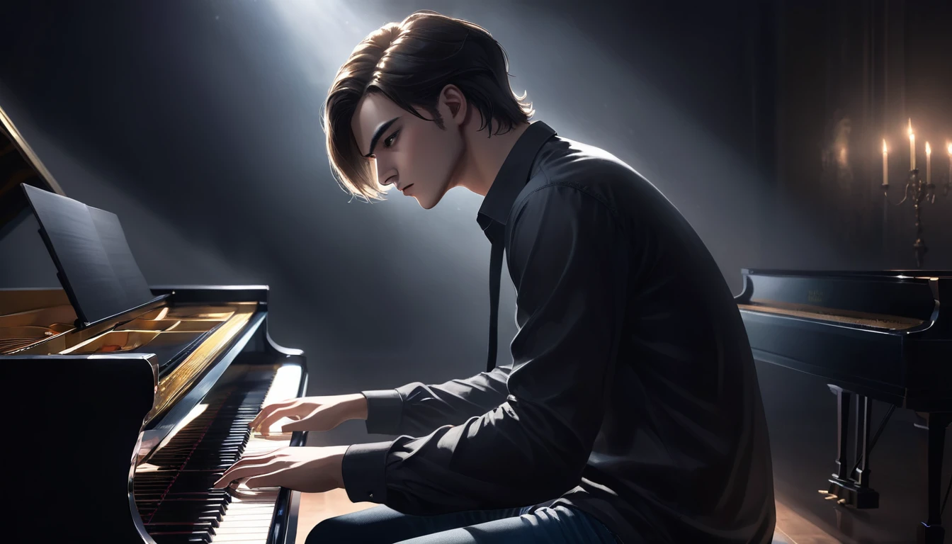 Capture a handsome young man playing a grand piano in a dark, moody setting. He is dressed stylishly, perhaps in a black shirt and jeans, with his hair neatly styled. The lighting is minimal, focusing soft, dramatic beams on the piano and the musician, creating stark contrasts and deep shadows. The rest of the room is enveloped in darkness, adding to the mysterious and intense atmosphere. The expression on his face should reflect deep concentration and emotion, drawing the viewer into the haunting beauty of the scene."