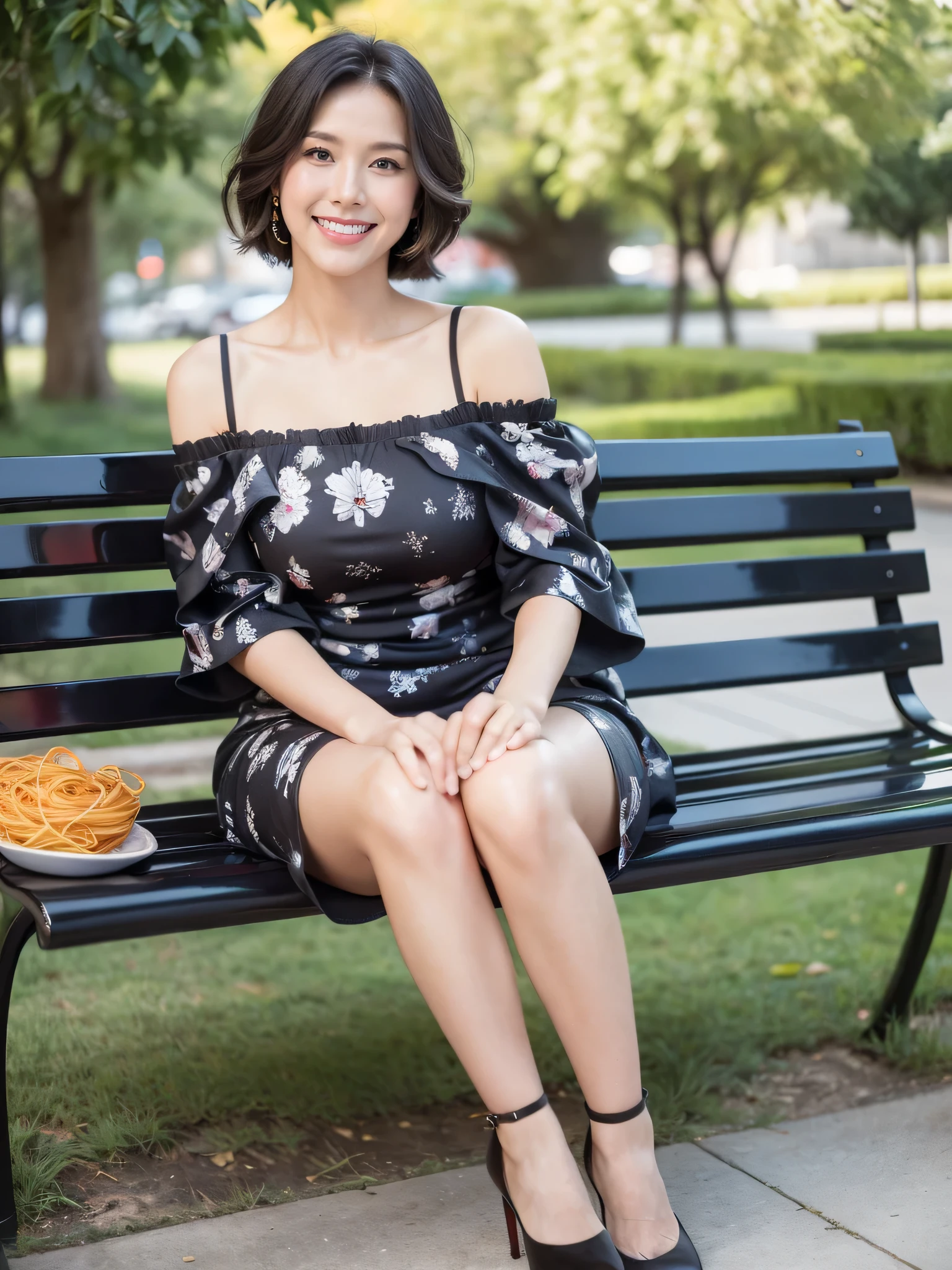 最high quality, 8K, Masseter area, Energetic, Clear focus, high quality, high resolution, Delicate face, Fine particles, thick lips, (Looking at the audience), Solitary, Beautiful woman, 38 years old, Plum, Black short hair, (Off-shoulder spaghetti strap printed dress:1.5), afternoon、In front of the park garden,(Sitting on a bench:1.5)、((Smile:1.5))、((Wearing black high heels))