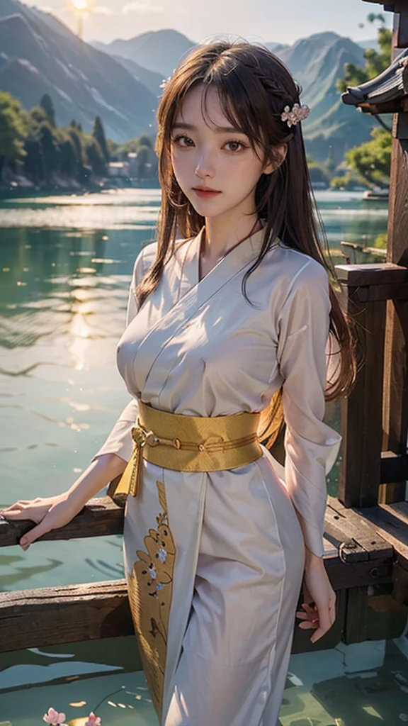 asuna, masterpiece, best quality, detailed, (1girl), solo, detailed golden eyes, long hair, standing, close to viewer, (detailed kimono), light smile, medium breasts,  (arms behind back), water, sunset, (hair ornament), (Sakura bloom),  snow mountain lake in the background