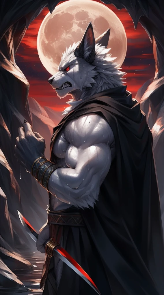Deathwolf, 1人のmaleの子, alone, Colored sclera, Red eyes, Furry, A long, black, old, torn cloak, White fur, Upper Body Shot, Humanity, (Frowning:1.2), (anger:1.5), (Eyes wide open:1.5), Hand-held sickle, (Look ahead:1.5) , male, Muscular, expensive, Muscular Humanity, (Sweat:1.4), Muscular male, Old age, There is nothing there, (Bottom Wear:1.2), 8k hd, Attention to detail, Detailed Background, Dark Cave, Red Sky, Bright Big Moon, Pino Daeni, (By Ruadri), I&#39;m bleeding from being stabbed by virtyalfobo and I&#39;m in a daze.