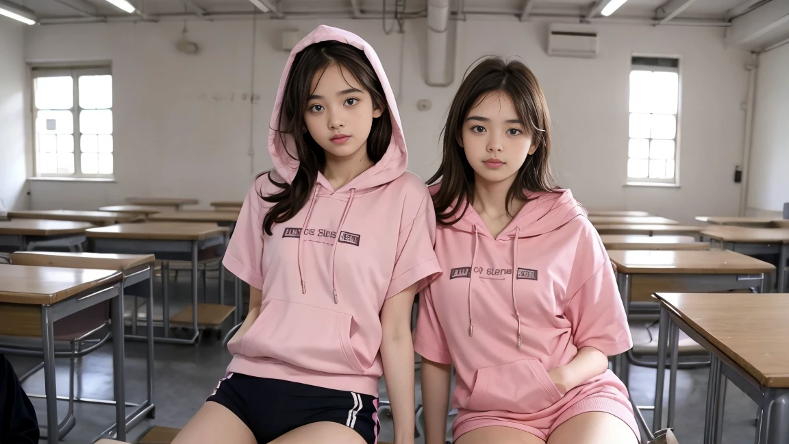 deux femmes ensemble de 18 ans sexy et mince , pink short sleeve hoodie , salle de classe, se touche,position sey,sensuel