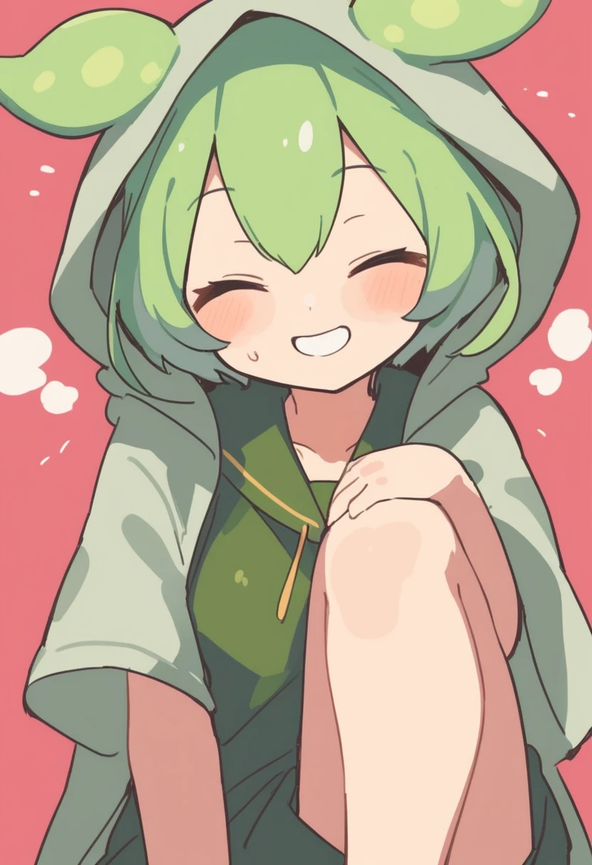 One girl,Zundamo,Voice Box ,Green Hair, A cheerful smile、Simple red background masterpiece, Highest quality,