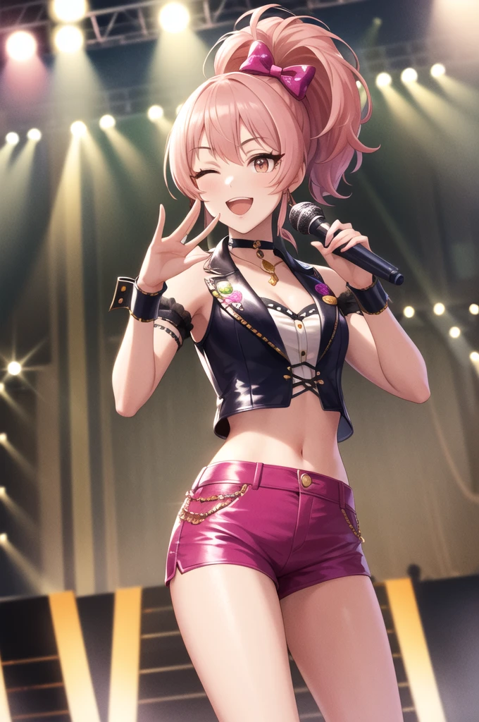 masterpiece, best quality, highres, ponytail, hair bow, idol clothes, choker, vest, wrist cuffs, midriff, shorts, hair ornament, standing, cowboy shot, singing, stage, holding microphone, smile, open mouth, waving, one eye closed, pink hair, pink eyes, pink outfit