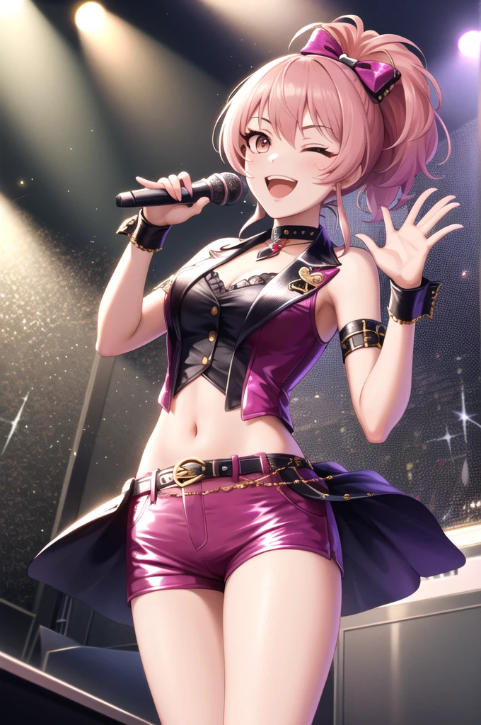 masterpiece, best quality, highres, ponytail, hair bow, idol clothes, choker, vest, wrist cuffs, midriff, shorts, hair ornament, standing, cowboy shot, singing, stage, holding microphone, smile, open mouth, waving, one eye closed, pink hair, pink eyes, pink outfit