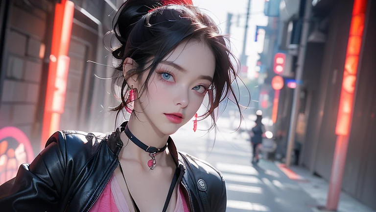 Hair above one eye, Red eyes, Clear Eyes, choker, Neon Shirt, Torn legwear, Open jacket, Against the wall, Brick wall, Shineing grafiti, Shineing tattoos, Shine, Neon Light, Black light,Anime Style, movieポートレート写真, 1 female, 22 years ago, Esbian all over,Blue Eyes Background, Big and ample breasts, anger, (Scarlet Hair), Long Hair, Purple eyes, Wearing a short black dress, (Natural skin texture Crisp details, Surreal, (Realistic eyes, Natural skin texture, Realistic facial details), Soft and dramatic lighting, Written boundary depth, Bokeh, Crisp details, Surreal, 35mm movie, Absent-minded, movie, ear piercing, eye shadow, Hoop Earrings, Pink Lips, 多色のRed eyes, Purple Theme,Wear an iridescent aura,Beautiful Eyes,Standing in front of the red gate,Bold Pose、Upward glance,Top ponytail,drooping bangs、Peep、Looking straight down、Angle seen from the foot,(((Shooting from various angles))