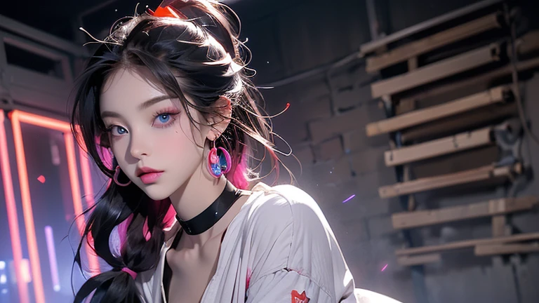 Hair above one eye, Red eyes, Clear Eyes, choker, Neon Shirt, Torn legwear, Open jacket, Against the wall, Brick wall, Shineing grafiti, Shineing tattoos, Shine, Neon Light, Black light,Anime Style, movieポートレート写真, 1 female, 22 years ago, Esbian all over,Blue Eyes Background, Big and ample breasts, anger, (Scarlet Hair), Long Hair, Purple eyes, Wearing a short black dress, (Natural skin texture Crisp details, Surreal, (Realistic eyes, Natural skin texture, Realistic facial details), Soft and dramatic lighting, Written boundary depth, Bokeh, Crisp details, Surreal, 35mm movie, Absent-minded, movie, ear piercing, eye shadow, Hoop Earrings, Pink Lips, 多色のRed eyes, Purple Theme,Wear an iridescent aura,Beautiful Eyes,Standing in front of the red gate,Bold Pose、Upward glance,Top ponytail,drooping bangs、Peep、Looking straight down、Angle seen from the foot,(((Shooting from various angles))