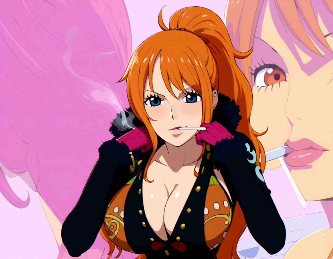 a cartoon picture of a woman in a bikini top and jeans, nami one piece, nami from one piece, nami, beautiful portrait of nami, from one piece, oppai, blue eyes, smoking, ponytail
