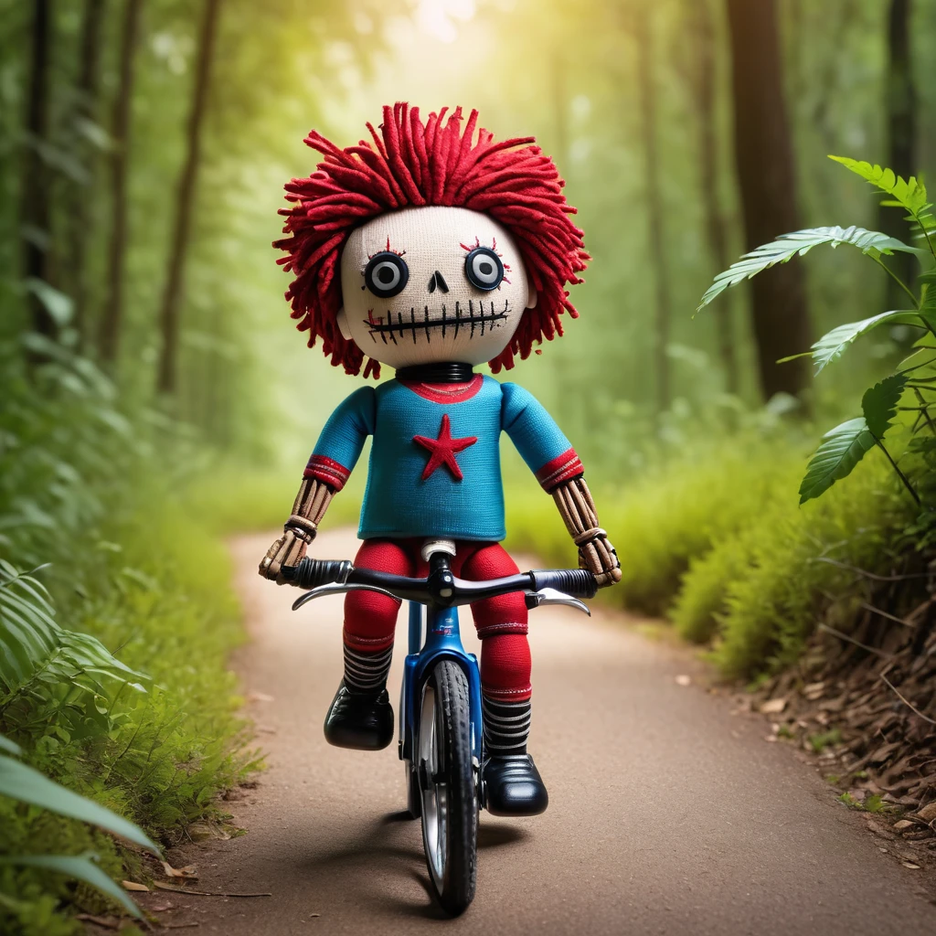 (knitted toy voodoo doll:1.7), (Voodoo Cycling:1.3), (Clothing: cycling outfit with helmet and gloves, sports shoes:1.0), (Accessories: bicycle, water bottle, cycling glasses:1.2), (background: scenic bike trail with greenery and other cyclists, clear sky and smooth path:1.2),  best quality, masterpiece, detailed soft oil painting, detailed background, dramatic cinematic lighting, soft edge lighting, professional, dramatic lighting, hard edge lighting, ultra quality, 4k,masterpiece, best quality, 8k, ultra highres, highres, extremely detailed