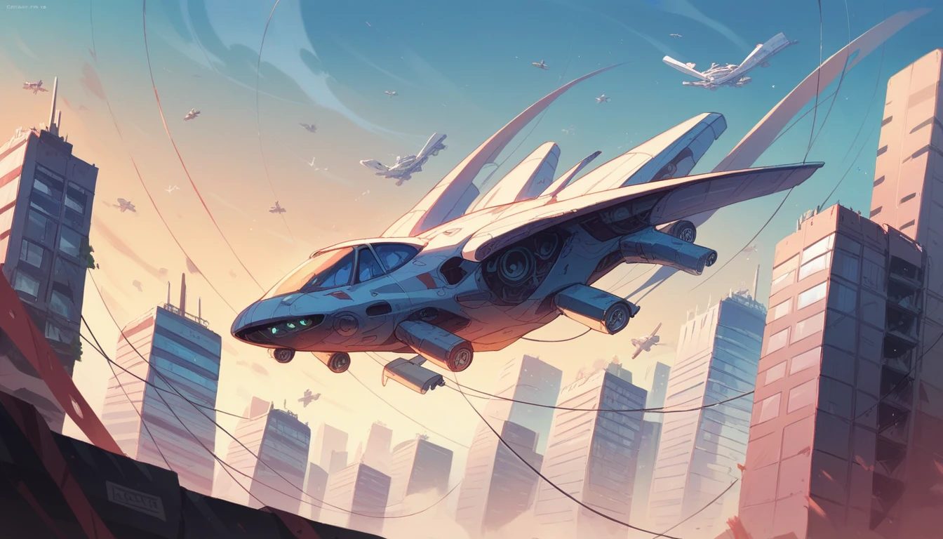 A futuristic city skyline with sleek skyscrapers and flying cars.