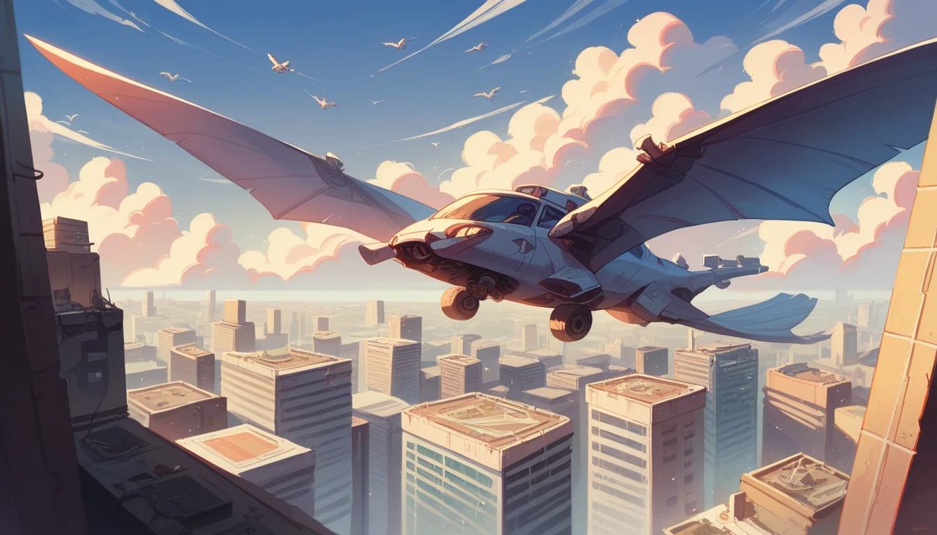 A futuristic city skyline with sleek skyscrapers and flying cars.