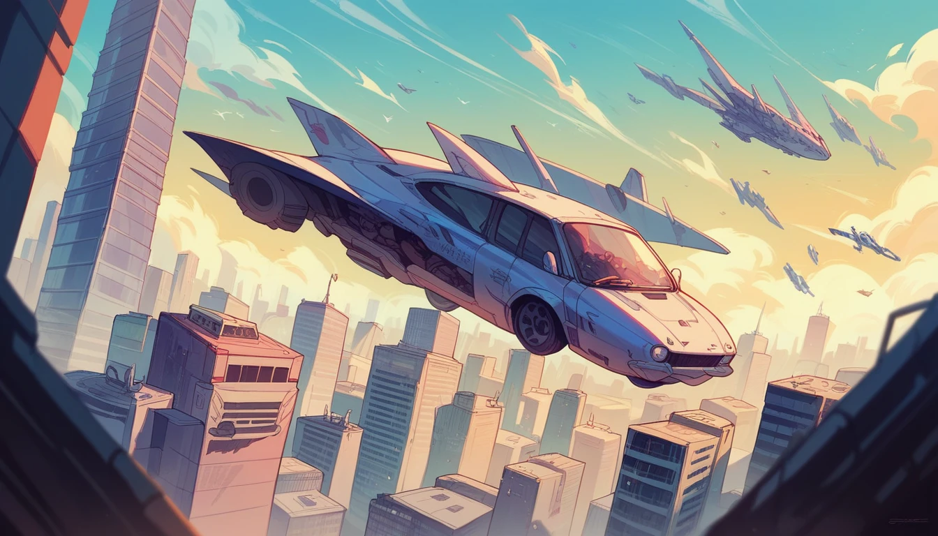 A futuristic city skyline with sleek skyscrapers and flying cars.