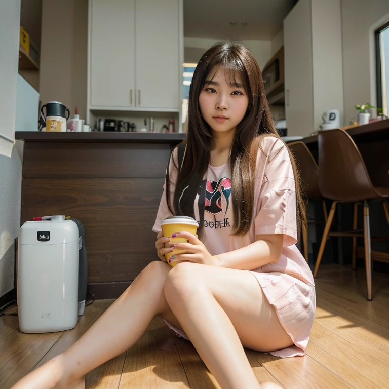 araffe woman sitting on the floor with a cup of coffee, asian girl with long hair, young asian girl, young and cute girl, soda themed girl, anime thai girl, photo taken with nikon d 7 5 0, photo taken with nikon d750, korean girl, young asian woman, cute young woman, anime girl drinks energy drink