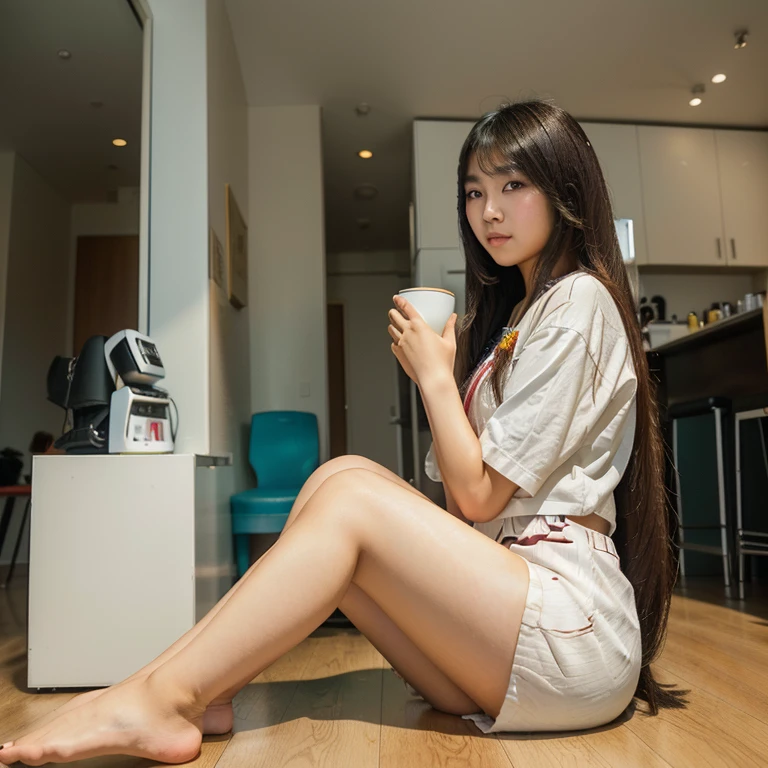 araffe woman sitting on the floor with a cup of coffee, asian girl with long hair, young asian girl, young and cute girl, soda themed girl, anime thai girl, photo taken with nikon d 7 5 0, photo taken with nikon d750, korean girl, young asian woman, cute young woman, anime girl drinks energy drink