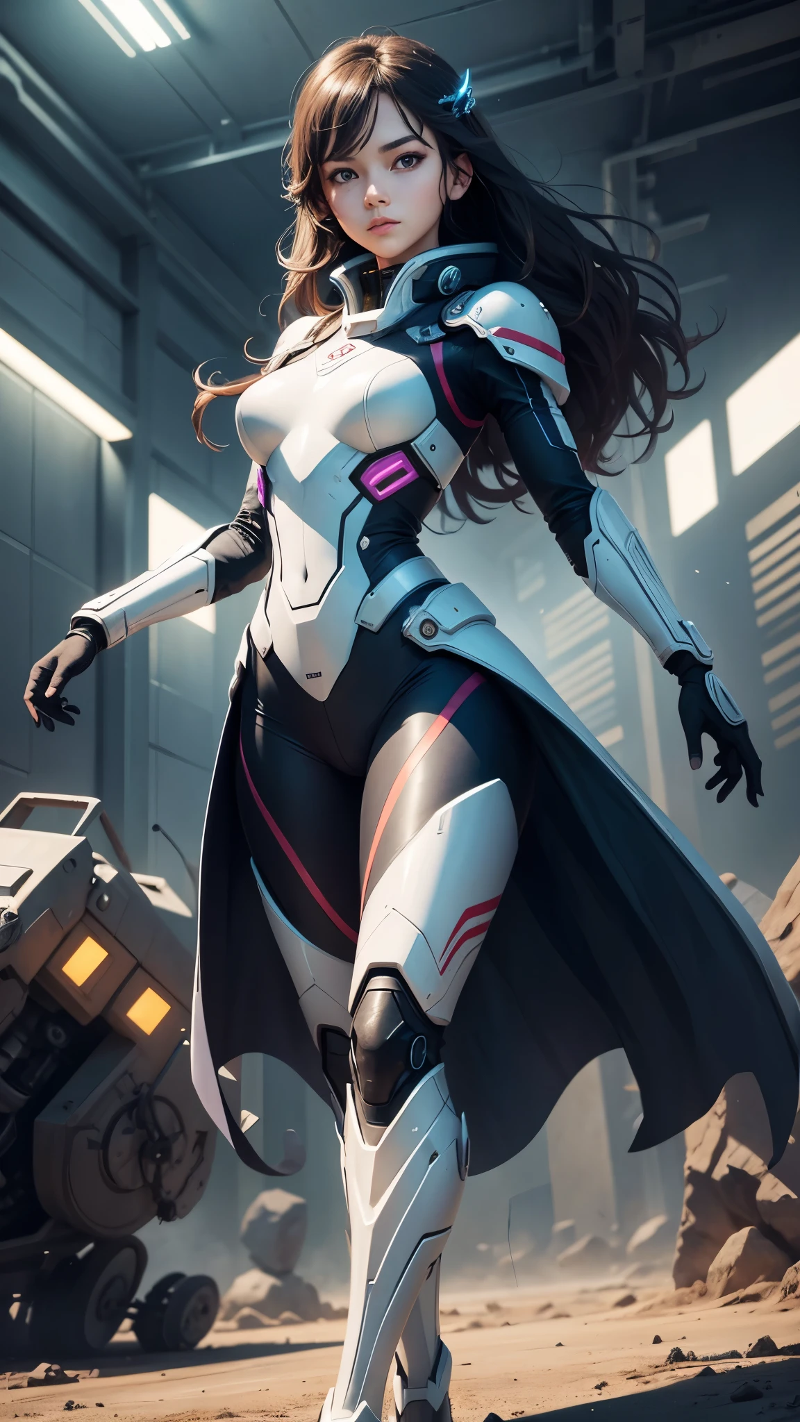 (Perfect Anatomy:1.4,Highest quality、超High resolution、High resolution、Highly detailed CG、8K Unit Wallpaper),((Biologically correct limb count))、(Symmetrical facial features))、Eyes with detailed description、Beautiful woman、Excellent style、(thin)、Facial detailing,masterpiece、Vibrant, Imaginary image of a girl in a mecha suit, ((Fly gracefully across the battlefield of the future)). The girl is full of energy, Bright colors contrast with muted hues, The mechanical beauty of the suit. The suit's vibrant colors and intricate details、Sophisticated, Mecha futuristic design.