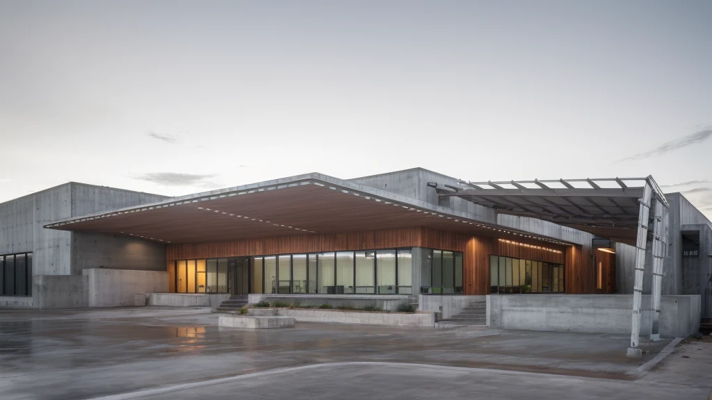 Day lighting, Beautiful sky,(harmony context), Entrance of office building in factory project, (minimalist modern style), mixture material concrect+glass+metal+wood, ((high detail)), best quality, realistic